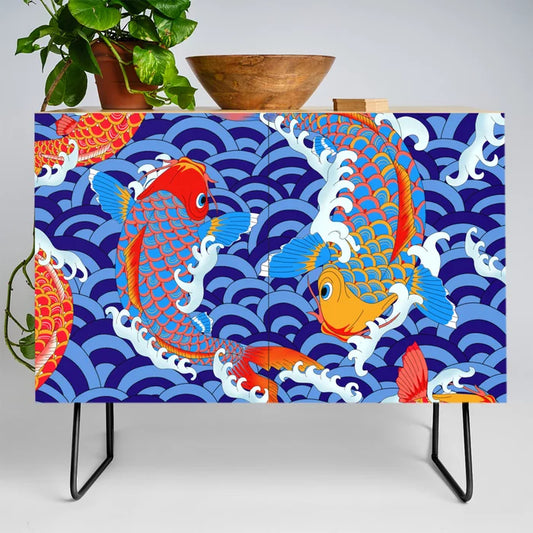 Koi Fish Japanese Tattoo Pattern Condiment Bar by Marta Olga Klara with black steel legs – modern birch cabinet featuring Japanese koi art, perfect for restaurant condiment stations and hotel lounges