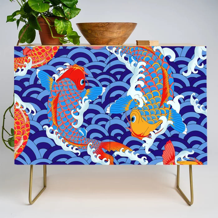 Koi Fish Japanese Tattoo Pattern Condiment Bar by Marta Olga Klara with gold steel legs – Japanese-inspired artwork on birch, ideal for restaurants, boutique hotels, and cafés