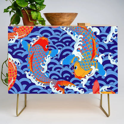Koi Fish Japanese Tattoo Pattern Condiment Bar by Marta Olga Klara with gold steel legs – Japanese-inspired artwork on birch, ideal for restaurants, boutique hotels, and cafés