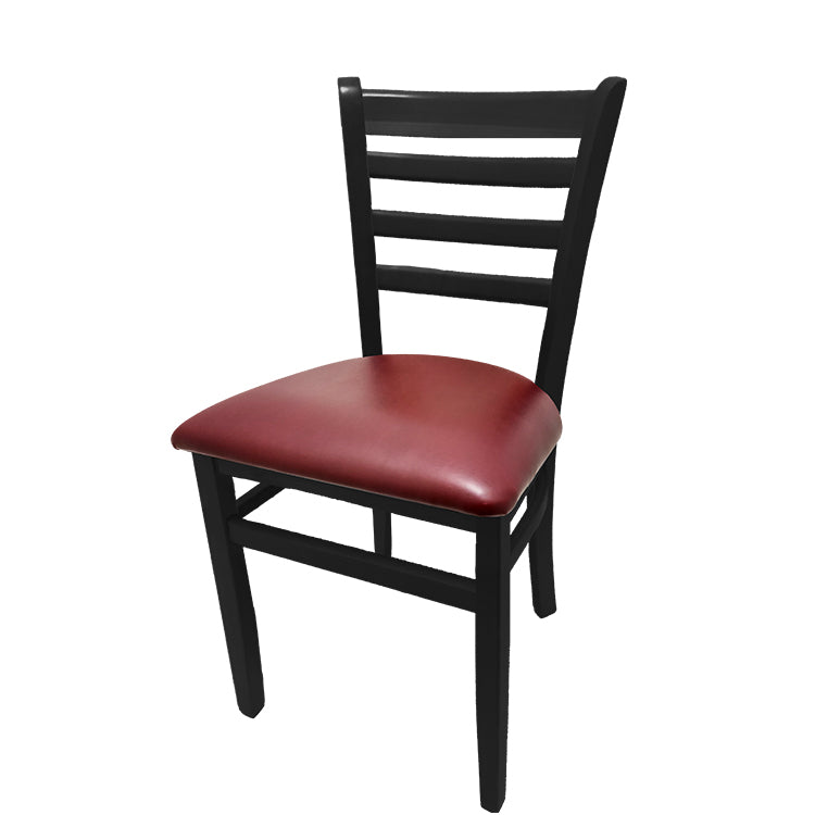 Ladderback dining chair with black stain wood frame and wine vinyl seat.