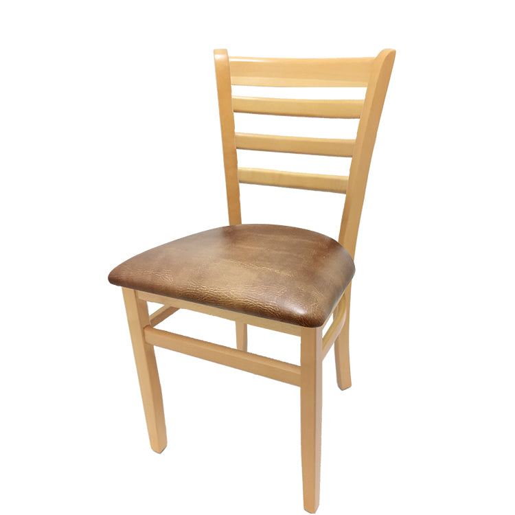 Ladderback dining chair with clear coat frame and buckskin vinyl seat.