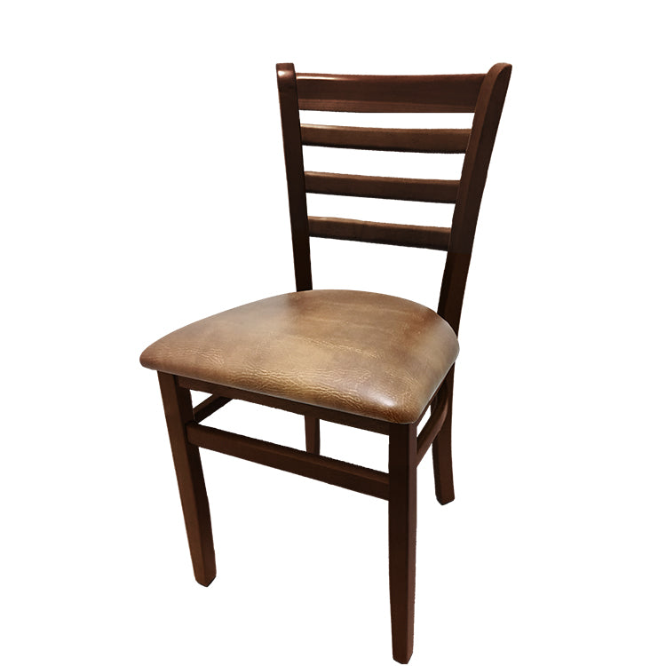 Ladderback dining chair with walnut frame and buckskin vinyl seat.