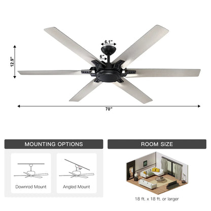 70-inch industrial ceiling fan with brushed nickel finish and silver blades with mounting dimensions
