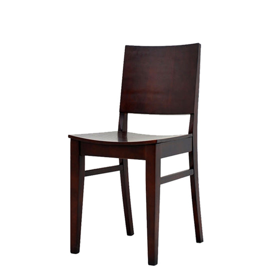 Latitude solid wood frame chair with mahogany finish, veneered seat and back, and reinforced leg supports. Ships fully assembled and built for indoor restaurant use.