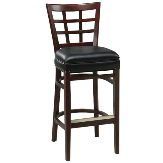 Lattice back wooden bar stool in solid beech wood with customizable upholstery and stain options