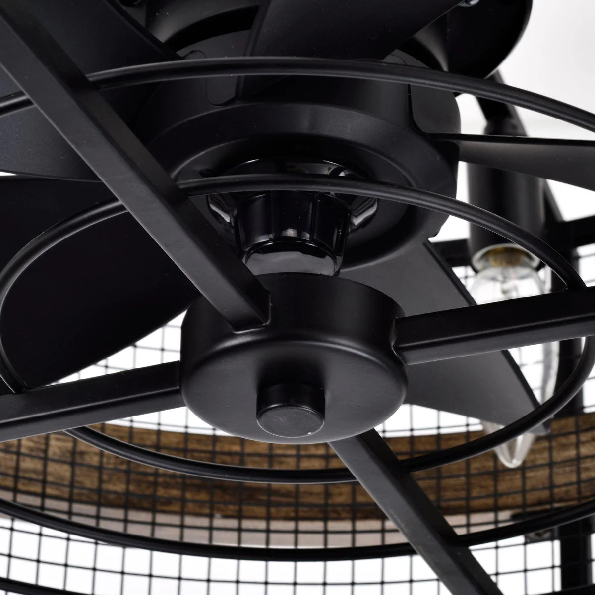 Matte black and faux wood ceiling fan with 4-light chandelier-style design and downrod mount