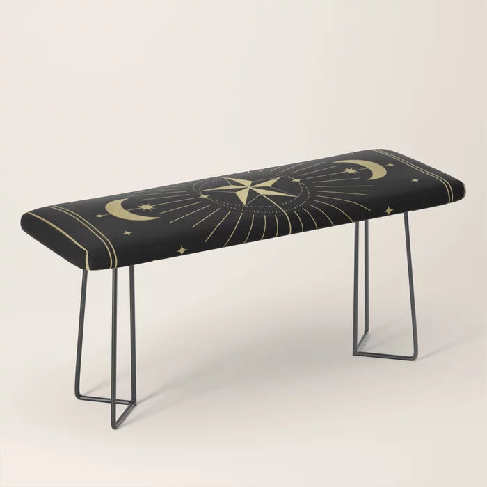 L’Etoile or The Star Tarot Gold Bench by Cafelab with black steel legs – mystical tarot-inspired vegan leather bench perfect for restaurant lounges, boutique hotels, and artistic café interiors