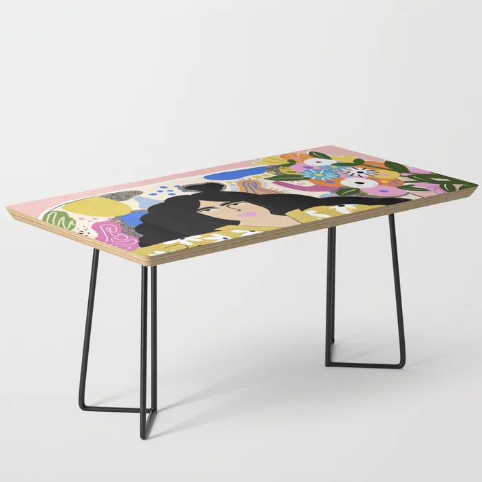 Life With Cats Coffee Table by Alja Horvat with black steel legs – retro vintage art design perfect for restaurant lounges, boutique hotels, and cozy café interiors