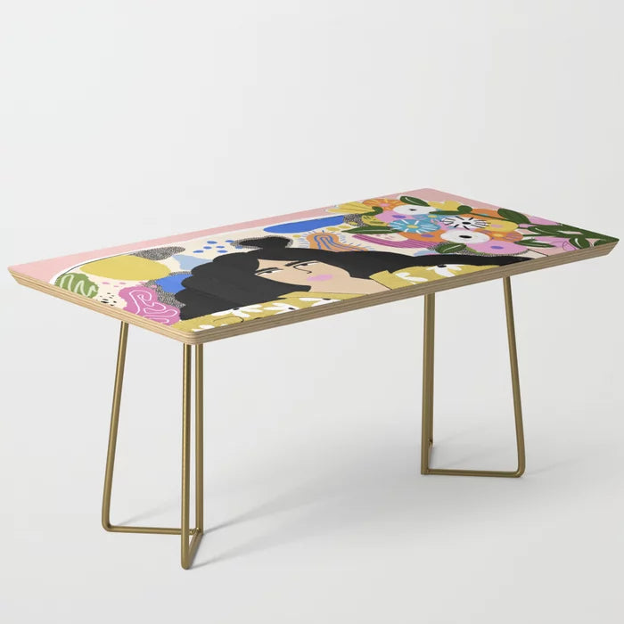Life With Cats Coffee Table by Alja Horvat with gold steel legs – elegant handcrafted table featuring vintage-inspired artwork ideal for hotel lobbies, creative bars, and artistic cafés