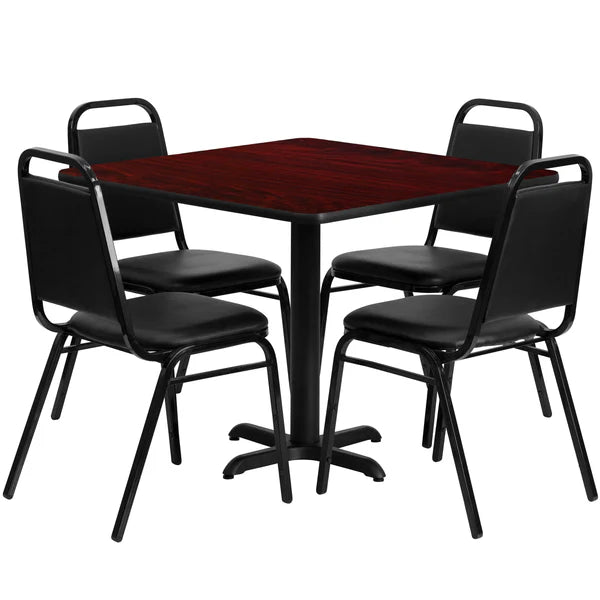 Mahogany laminate table set with black banquet chairs for restaurants and hotels