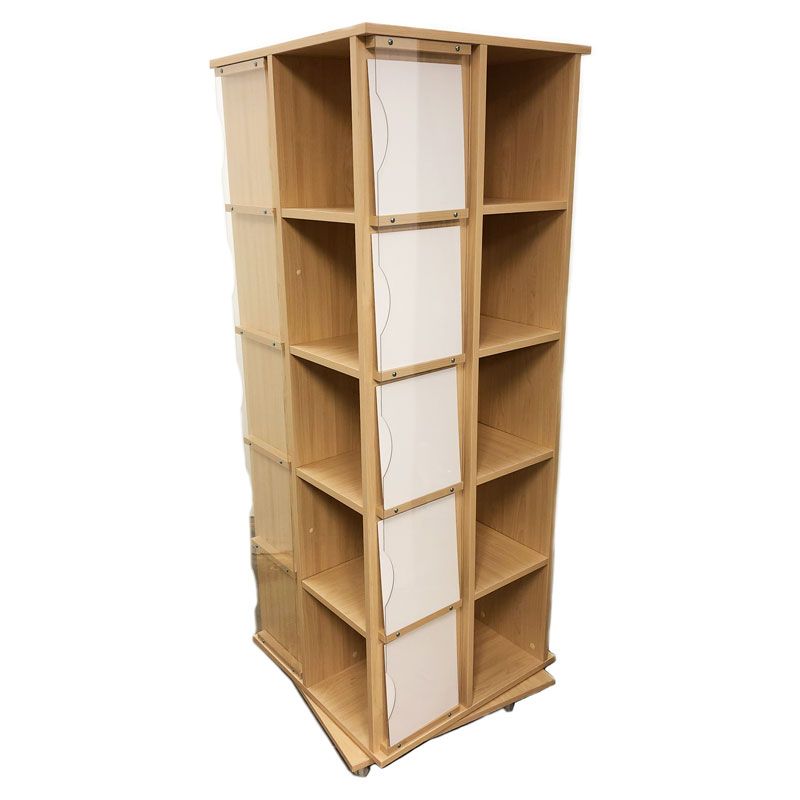 Rotating t-shirt display tower in maple finish featuring 20 clear acrylic pockets.