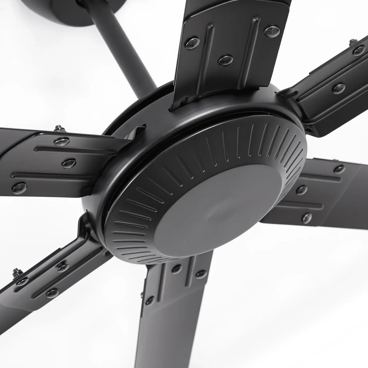 Modern black ceiling fan with aluminum blades and downrod mount for large restaurants or covered patios