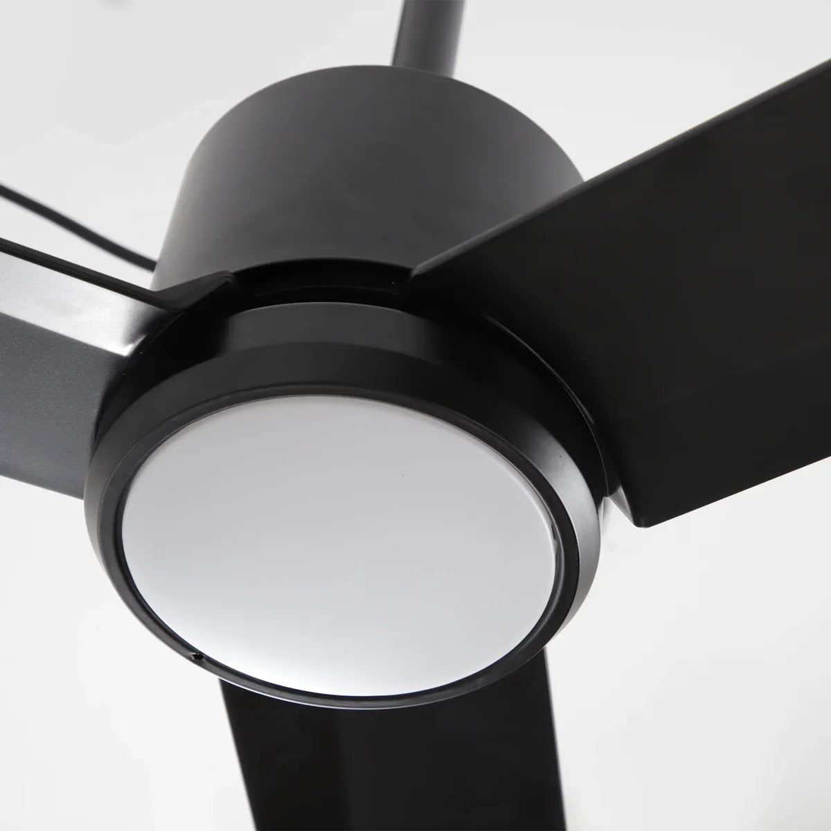 Weatherproof ceiling fan for patios, decks, or outdoor dining spaces with remote and LED illumination