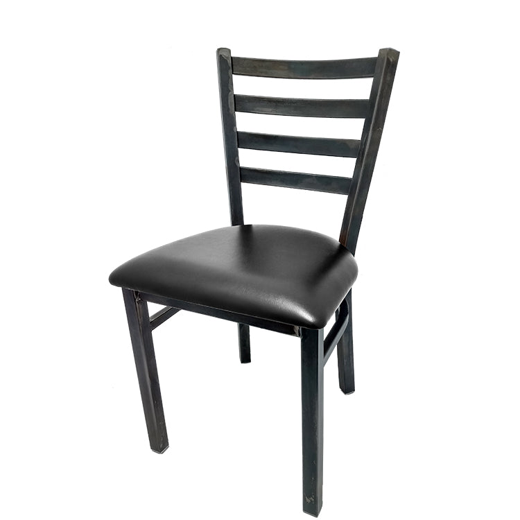 Front view of rustic ladderback metal restaurant chair with clear coat steel frame and black vinyl seat. Industrial dining chair for restaurants, cafés, and bars.