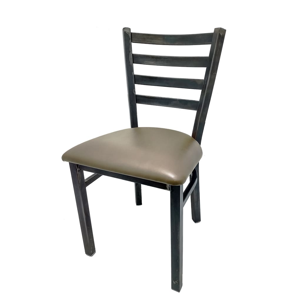 Front view of rustic ladderback restaurant chair featuring gunmetal vinyl seat and polished steel frame. Strong, sleek seating for modern dining spaces.