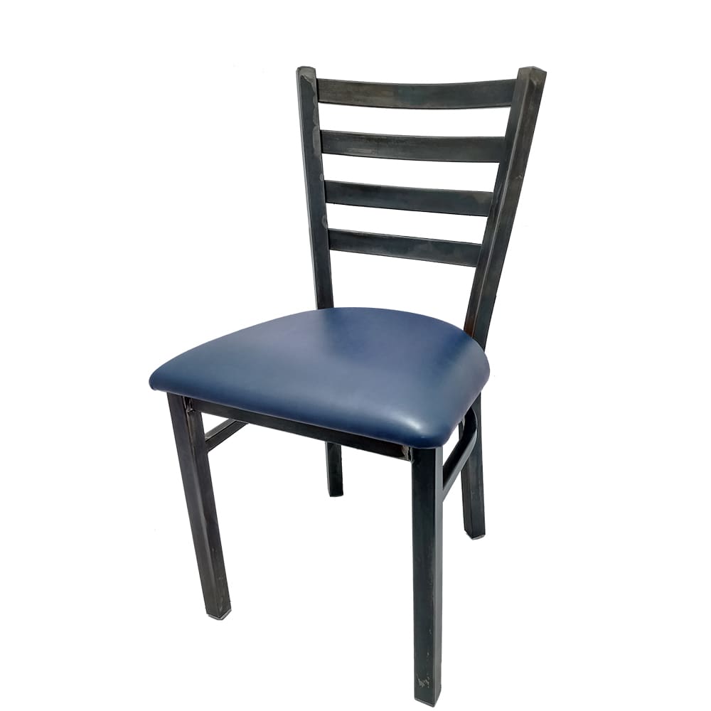 Front view of rustic ladderback restaurant chair with navy vinyl seat and clear coated steel frame. Commercial-grade seating for restaurants and cafés.