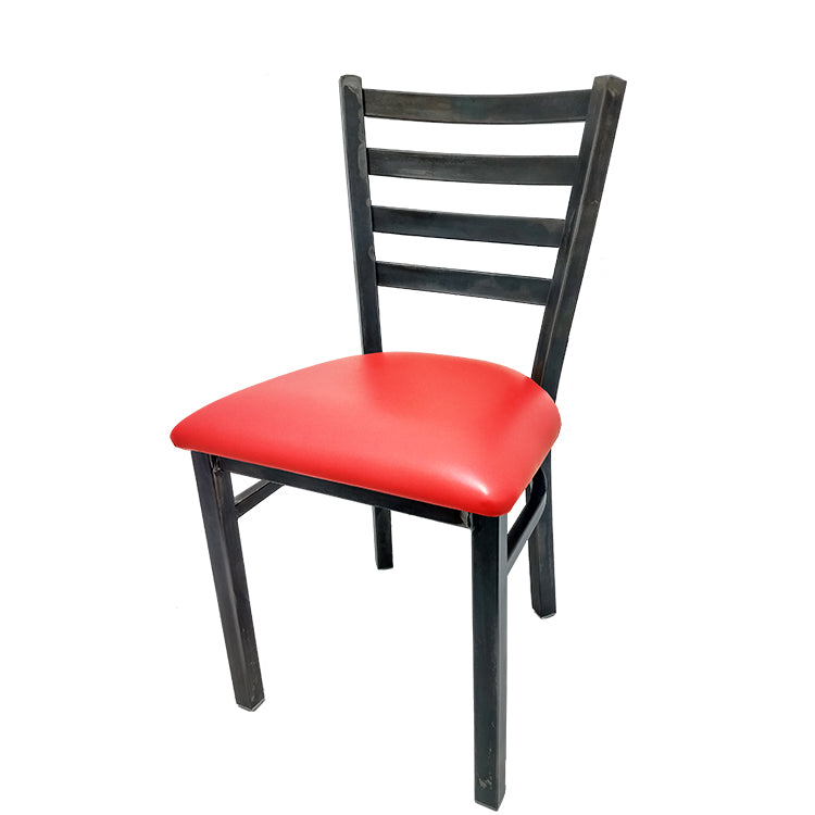 Rustic ladderback restaurant chair with red vinyl seat and clear coat metal frame. Stylish, durable chair for restaurant dining spaces.
