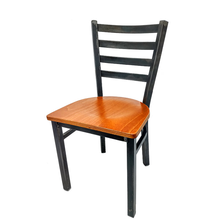 Rustic ladderback chair with cherry wood seat and clear coat metal frame. Commercial dining chair combining warmth and industrial durability.