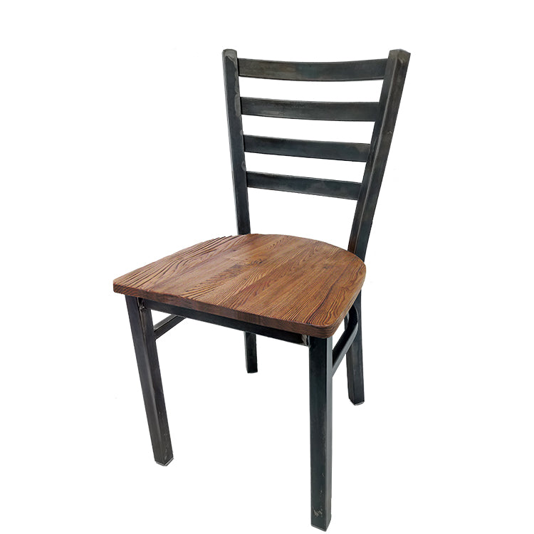 Rustic ladderback restaurant chair with reclaimed wood seat and clear coated steel frame. Eco-friendly industrial design for dining spaces.