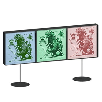Three-wide metal t-shirt display box with stand in raw steel finish for showcasing apparel.