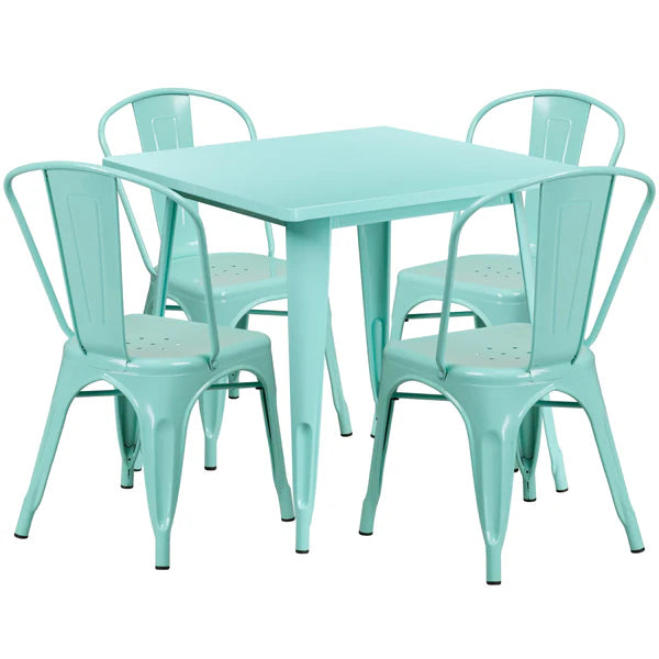 Mint green metal indoor outdoor restaurant table and chair set for cafés and hotel patios