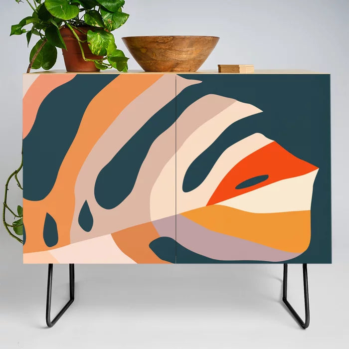 Monstera Condiment Bar by Annick with black steel legs – Scandinavian-inspired birch cabinet featuring tropical leaf design, perfect for restaurant condiment stations and hotel lounges