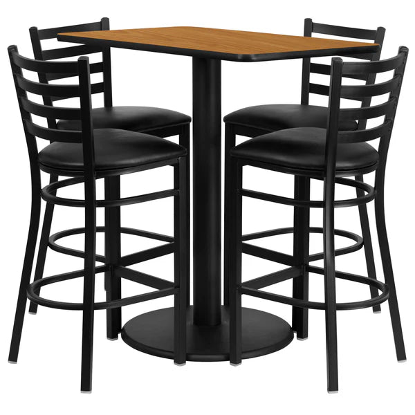 Natural laminate bar table set with black ladder back barstools for restaurants, bars, and cafés