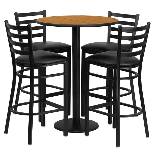 Natural laminate bar table set with black ladder back barstools for restaurants and cafés.