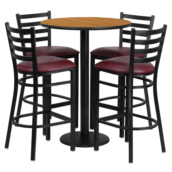 Natural laminate bar table set with burgundy ladder back barstools for cafés and restaurants.