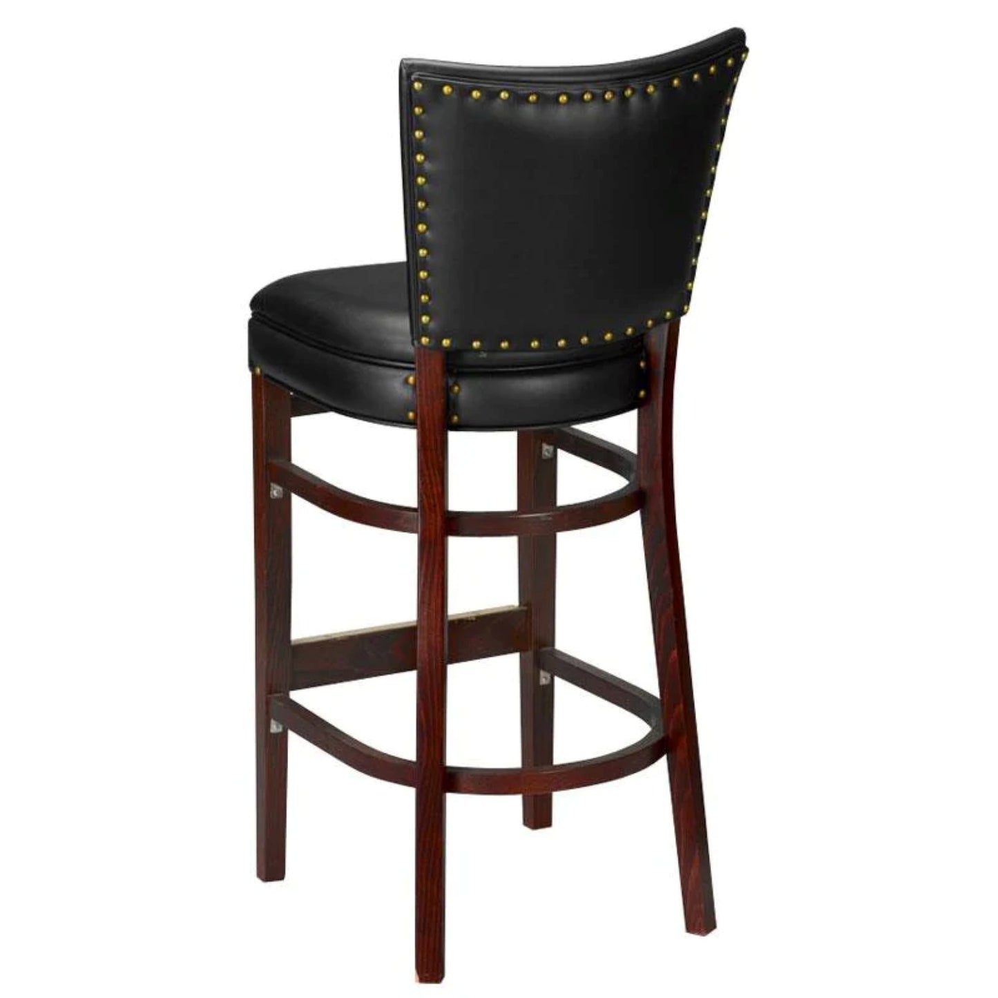Upholstered beech wood bar stool with decorative nail trim and customizable wood stain and fabric options