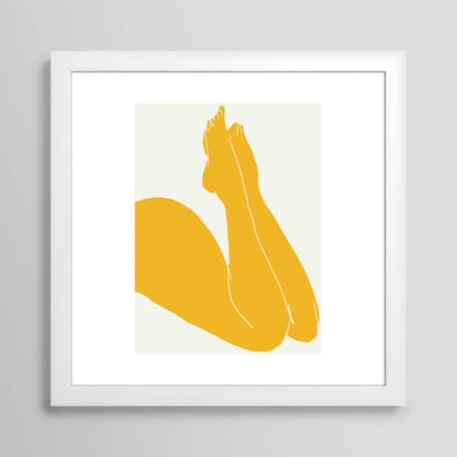Nude in Yellow 3 art print in white frame on café wall