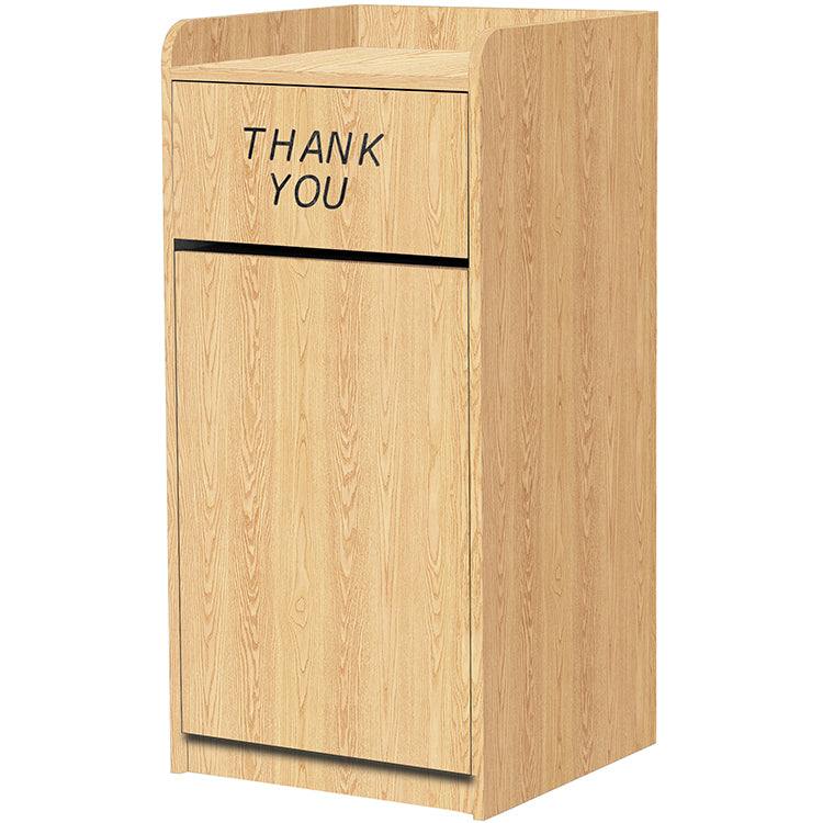Oak laminate waste receptacle with swing door and thank you message