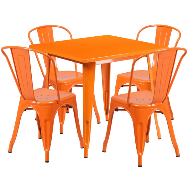 Orange metal indoor outdoor restaurant table set with four stackable chairs for hotels and cafés