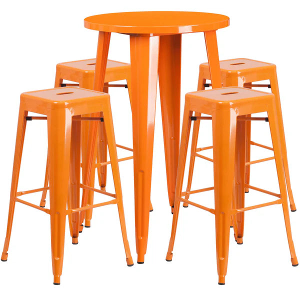 Orange metal bar table set with four backless stools for restaurants and bars