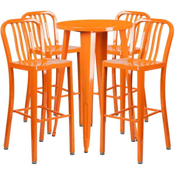 Orange bar-height table set with slat back stools for restaurants and cafés