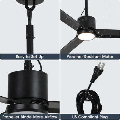 Matte black outdoor ceiling fan with energy-efficient DC motor and reversible airflow