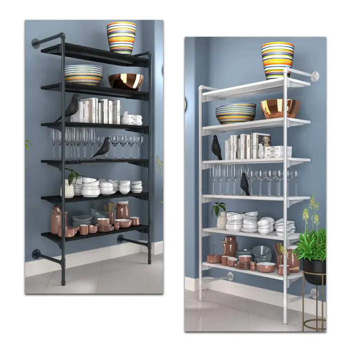 Front view of a pipe wall-mounted outrigger made from industrial plumbing-pipe tubing, designed to provide vertical retail display support in commercial environments.