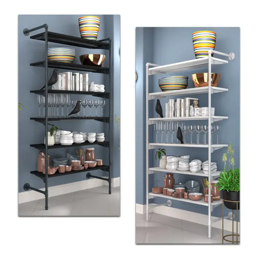 Front view of a pipe wall-mounted outrigger made from industrial plumbing-pipe tubing, designed to provide vertical retail display support in commercial environments.