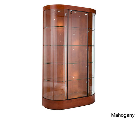 Front view of Euro Curved Glass Wall Display Case showing curved glass canopy, solid back panel, locking hinged glass door, and four adjustable glass shelves illuminated by LED top lights