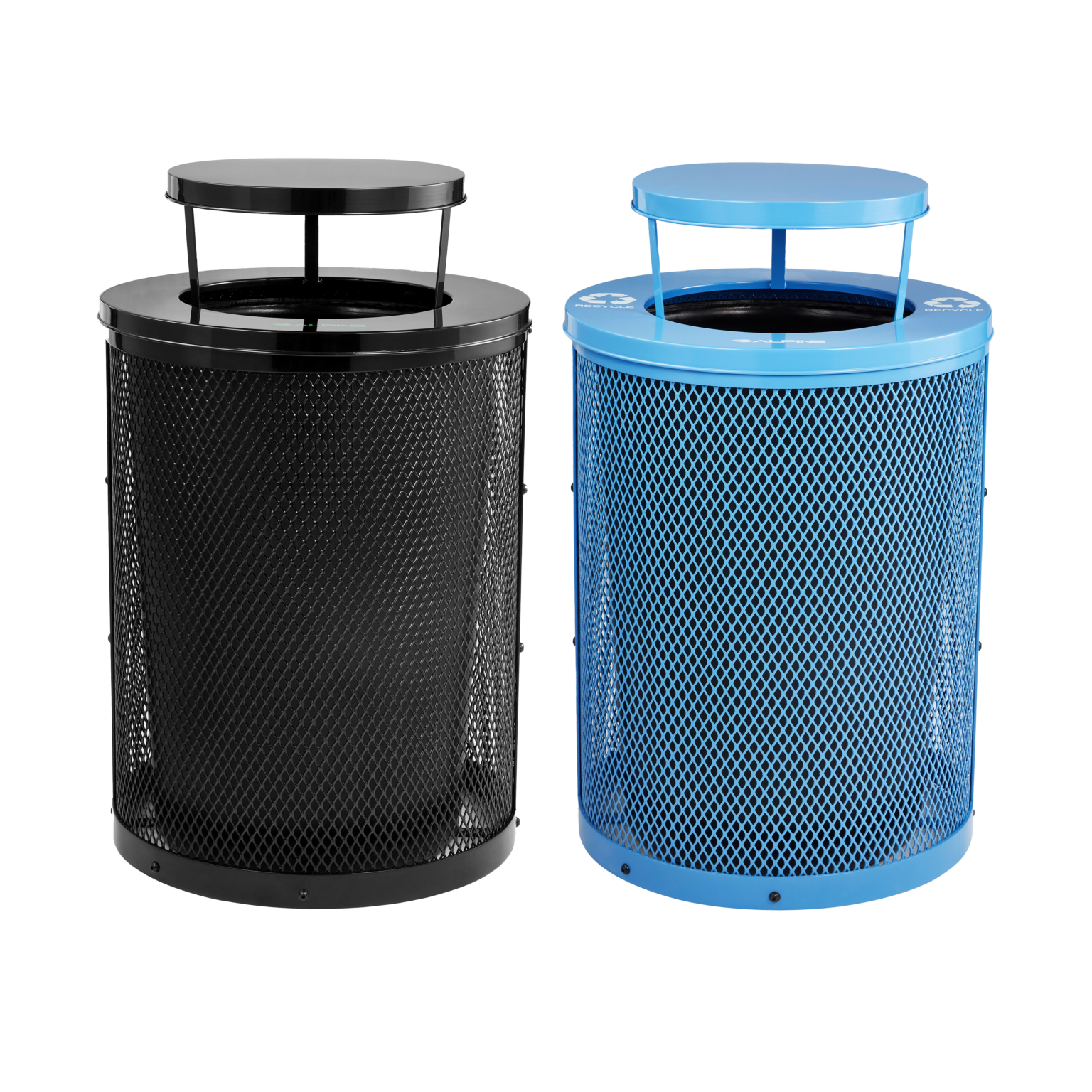 Modern steel recycling and waste bin set with weather-resistant rain bonnets