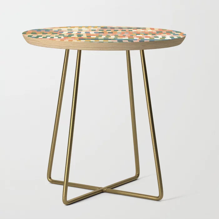 Pastel Mosaic #2 Side Table by Gigi Rosado with gold steel legs – modern pastel art furniture ideal for hotel lobbies, bar seating areas, and creative café spaces
