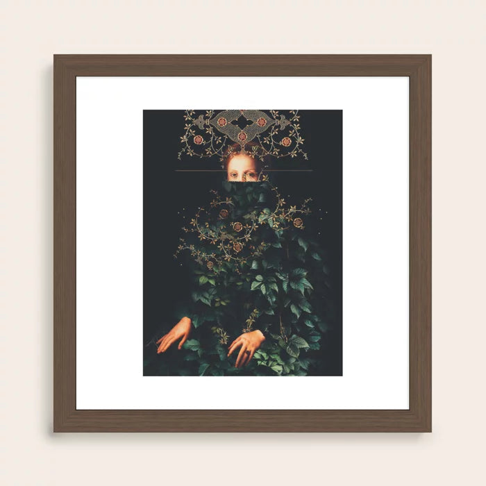 Patience II Art Print by Frank Moth in walnut wood frame, showcasing warm tones and modern surrealist artwork ideal for restaurants and cafes
