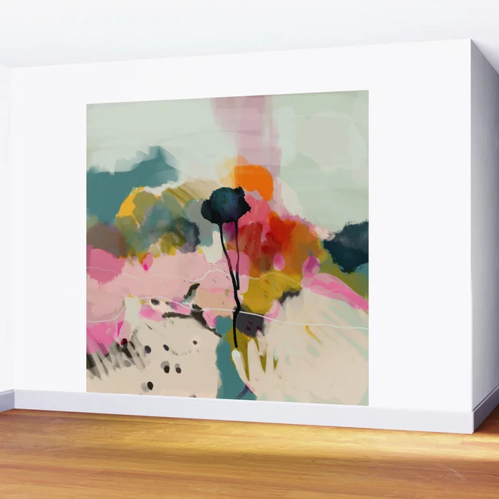 Paysage Abstract Wall Mural by Lalunetricotee Art Paintings installed on feature wall in modern restaurant or hotel lounge – contemporary abstract design for hospitality interiors