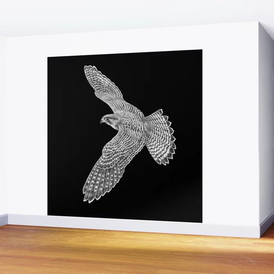 Peregrine Falcon Wall Mural by Tim Jeffs installed in a modern restaurant or hotel lounge – detailed 8-foot wildlife art mural ideal for hospitality interiors