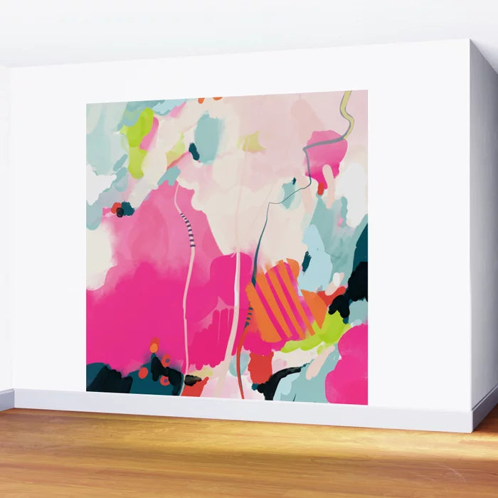 Pink Sky II Wall Mural by Lalunetricotee installed in a boutique hotel or restaurant – 8-foot soft abstract wall art in pink and blush tones for hospitality interiors