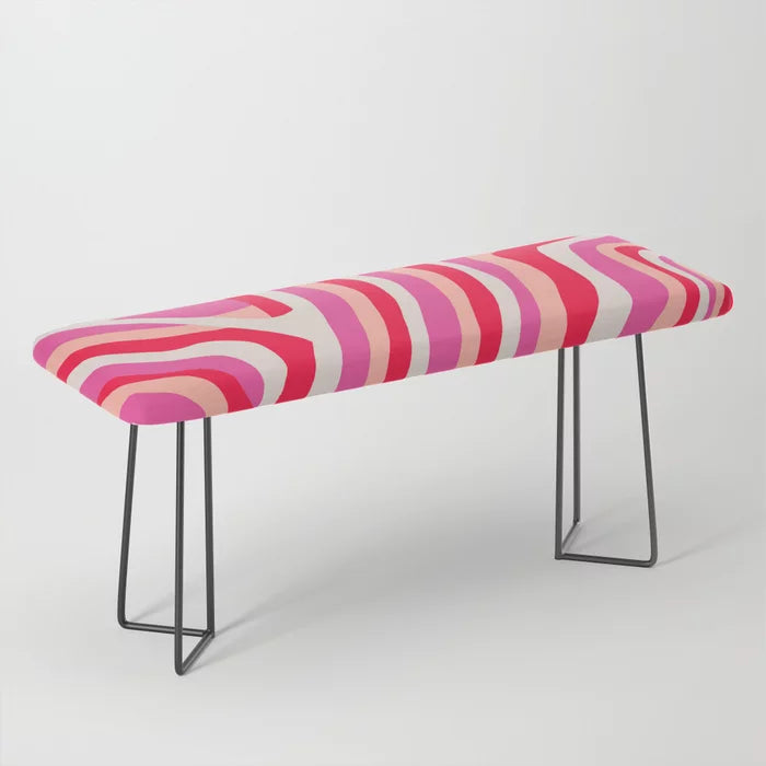 Pink Zebra Stripes Bench by Sunshine Canteen with black steel legs – retro boho-inspired vegan leather bench perfect for restaurant lounges, boutique hotels, and modern café interiors
