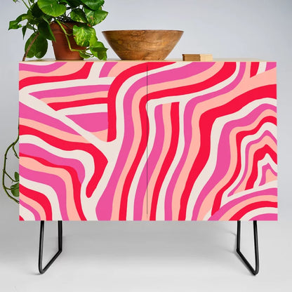 Pink Zebra Stripes Condiment Bar by Sunshine Canteen with black steel legs – bold retro-inspired birch cabinet ideal for restaurant condiment areas, hotel lounges, and stylish cafés