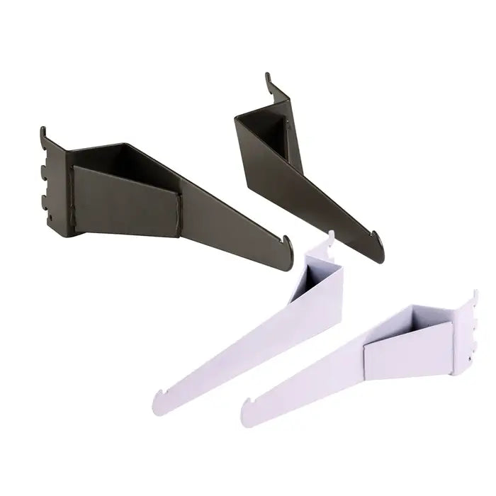 Image showing Pipeline shelf brackets in black and white finishes, displayed side by side to highlight color options and industrial metal construction.