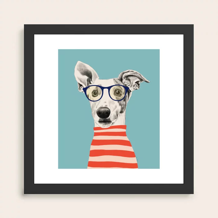 Portrait of a Greyhound Dog II Art Print by El buen limon in black frame, elegant wall art for modern restaurants, boutique hotels, and upscale cafés.