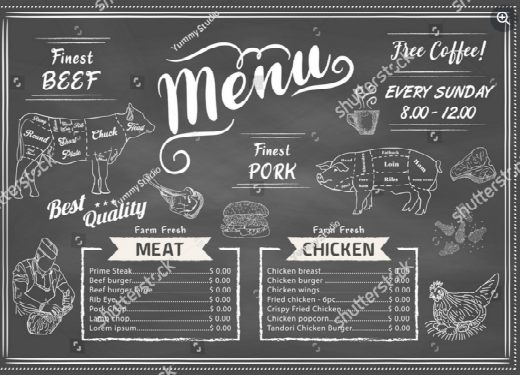 Vintage-style menu board with illustrations of meats and prices on a blackboard background.